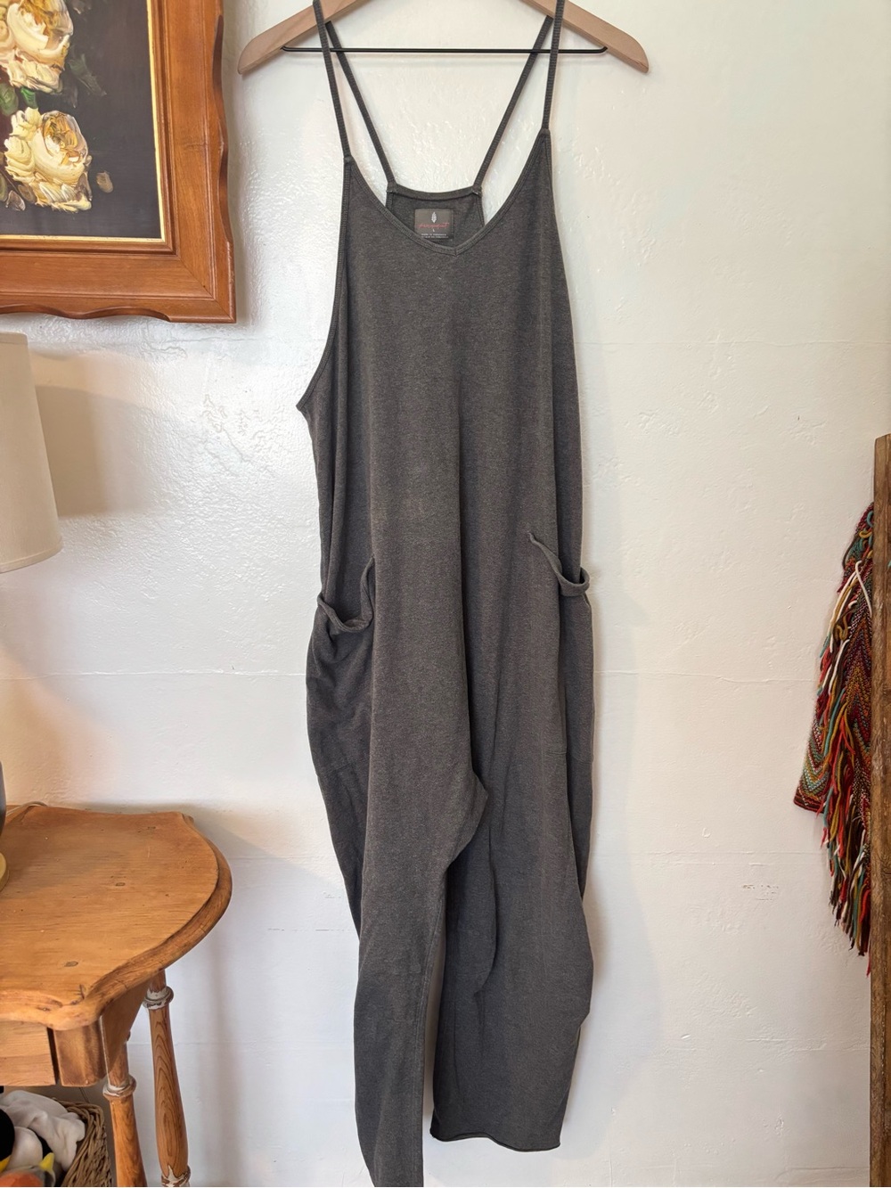 Free People Hot Shot Jumper Charcoal Grey Relaxed Jumpsuit with Spaghetti Straps